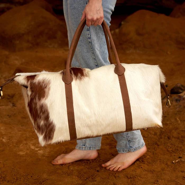 Real Cowhide Leather Duffle Bag Large Cowhide Travel Bag